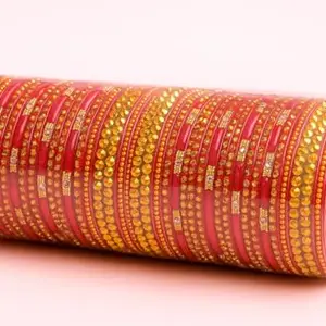 Traditional Red Glass Bangles Set with Golden Pattern, Wedding Collection, 24 Pieces