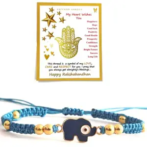 SAFFRON SHADES Premium Good luck Elephant with Evil Eye Rakhi Bracelet for Brother with Greeting Card, Roli Chawal and Gift Potli Bag