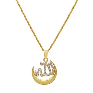 Memoir Gold plated Half moon crescent with Allah word CZ studded chain pendant necklace mulsim jewellery for Men/Women