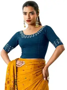 MISS WEARS Women's Regular Fit Readymade Stretchy Elbow Length Embroidered Saree Blouse