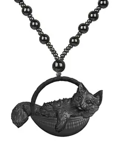 Mudtale Black Cat in Basket Pendant Necklace Handmade Resin Charm with Beaded Chain Cute Animal Jewelry Gift for Men Women