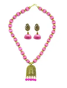 GOELX Blush Pink Antique Silk Thread Pendant Hanging Glass Beads Necklace with Designer Earrings for Women