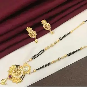 Generic Gold Metal Mangalsutra Set | Single Strand Mangalsutra for Women and Girls | Cubic Zirconia/American Diamond | Free Size | Earring_FS_cn9px