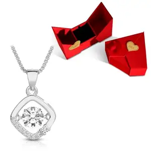 Peora Silver Plated American Diamond Studded Square Shaped Pendant Necklace Chain Valentine's Day Gift for Women & Girls with Red Jewellery Box