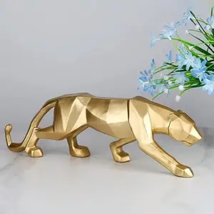 DECZO Modern Panther Statue Animal Figurine Abstract Geometric Resin Leopard Sculpture Home Desktop Decoration Ornament Accessories (Golden)