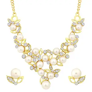 Peora 18K Gold Plated Pearl CZ Nature Inspired Necklace Earring Set for Women Girls Stylish