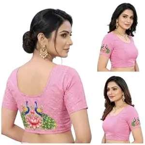 PAARTH ENTERPRISE PAARTH ENTREPRISE Women Cotton Blend Round Neck Short Sleeve Readymade Saree Blouse Baby Pink