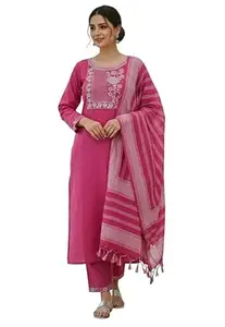 Women's South Cotton Embroidery Work Kurta with Pant & Dupatta PINK