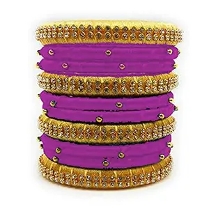 JANVIKA NOVELITY Hand Made Silk Thread Bangle Set of 10 Bangles Light Purple-Gold (size-2/10)