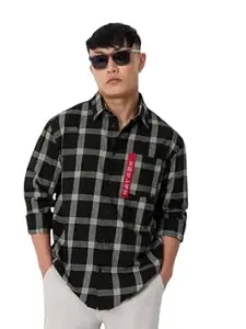 The Souled Store Plaid Shirt: Souled Men and Boys Long Sleeve Spread Collar Black and Beige Checks Lightweight Easy to Style Everyday Office Wear Cotton Relaxed Shirt
