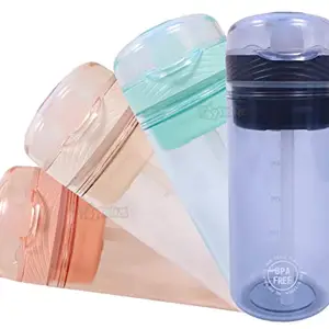 Toyshine Tritan Cup Water Bottle Tumbler with Pill, Supplement, Dry Fruit Storage Spill Proof Lid, Straw BPA Free for Kids School and Office, Soft Handle Grip - Drinkware - 420 ML - Blue