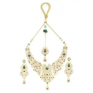 M.D KARAT ART Women Trendy Gold Plated Green & White A1 Tiwan Stone Necklace Jewellery Set with Earring & Mangtika Jewellery Set for Women