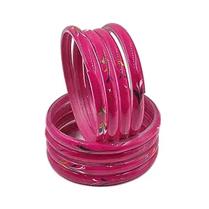 MANIHAR Glass Bangles Set With Beautiful Print For Women And Girls For Casual & Every Day Use (Pink, 2.8)