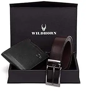WildHorn Men Black Genuine Leather Wallet Gift Set Combo
