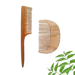 DAUMI Ayurvedic Neem Wood Anti Dandruff Hair Comb (pack of 2) Natural & Eco-Friendly | Natural Hair Styling Comb with Fine & Wide Teeth Comb | Made in India For Men & Women, Unisex (DC-46)