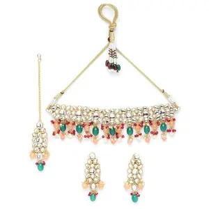 M.D KARAT ART green and red Bridal Choker Necklace Earring & Maangtikka Set For Women(SET 0069N)