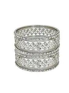 Femmibella Set Of 6 Silver Plated Cubic Zircon Studded Bangle Set For Women and Girls