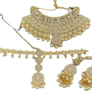 Gemstone House Gold Plated off white Color Tika Earring Combo Jewellery Set Uncut Kundan Choker Necklace Set For Girl's & Women