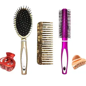 BigBro Hair Brush Cushioned OvalHair Brush(1pc) Round Hair Brush (1pc) Wooden finish Wide Teeth Plastic Comb(1pc) Hair Clutchers (2pc) for Hair Styling for Women and Men (Super Saver Combo)