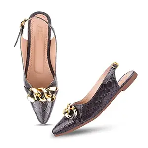 JM LOOKS Women's Fashion Comfortable Slip-on Chain Decorated Loafers Grey Bellies Low Heels Almond Toe Casual Daily Mule Sandals