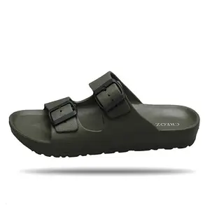 CREOZ The Bounce Men's Dual Buckle Slides/Sandals | Lightweight & Waterproof | Anti-Skid Sole | Adjustable Straps | Stylish & Comfortable Slip-Ons for Everyday Wear Mehandi