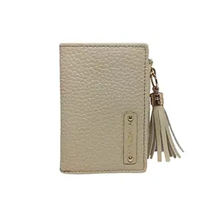 MANDAVA Women's Small Bifold PU Leather Wallet with Tussle | Ladies Slim Compact Card Holder Organizer Coin Purse (Cream)