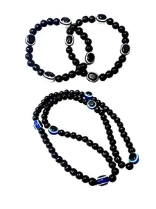 Beauty Tool Blue & Black Beads Mala as to Protect (PACK OF 1) From Evil Eye and Evil Eye Bracelet (1Evil Eye Chain, 1pair of Evil Eye Bracelet)