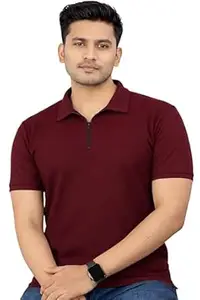 CHOZI Men's Polyster Regular Fit Polo T-Shirt with Short Sleeve and Zipper Plain-Regular Fit