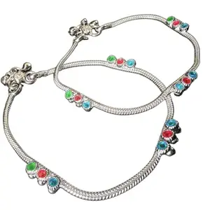 Silver-Plated German Silver Anklets with design multi color Charms, 26cm Length, Contemporary Style, Non-Adjustable, Set of 2-10 Inch