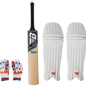 BHAJJI Kashmiri Willow Cricket BAT Blade Size-6 with BHAJJI Batting PAD 101 Youth and Batting Gloves 101 Youth
