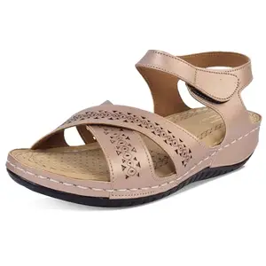 XE Looks Women's Gold Casual Walking Sandals | Elegant Cross Strap with Perforated Detailing | Soft Cushioned Sole | Lightweight & Anti-Slip Design Walking Sandals For Girls & Women
