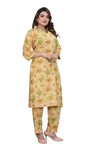 AKSHAR TEXTILES Women Floral Printed Straight Kurta Pant Co-Ord Set – Rayon Ethnic Kurti with Matching Pants in Yellow