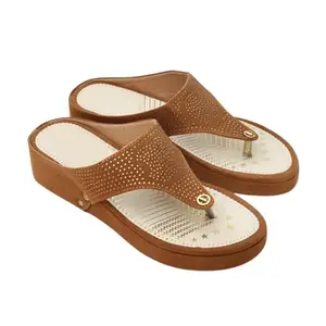 Womens Designer Black Wedge Slip-On Sandals with Golden Studs | Ethnic Traditional Comfortable Toe Ring Kolhapuri Style Chappals | Casual Platform Slippers for Ladies & Girls (Tan - 5)