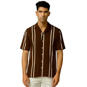Men’s Cotton Blend Brown Vertical Striped Shirt | Half Sleeve Cuban Collar Casual & Formal Button Down Shirt (in, Alpha, M)