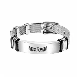M Men Style Personalized Initial “B” Winged Charm Bracelet for Men – Stylish Stainless Steel Mesh Strap Bracelet – Adjustable Engraved Bracelet for Bikers, Riders & Trendsetters SBr2025560