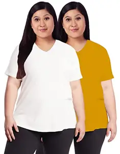 OPLU Women's Plus Size T-Shirt Pack of 2 with White and Yellow V Neck Half Sleeve Plain Combo Pootlu Tshirts.(Pooplu_Multicolored_XX-Large)