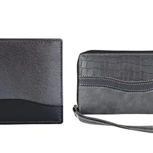 Leather Junction 2 in 1 Grey Leather Men's Wallet & Women's Wallet Combo Set (114112136112)