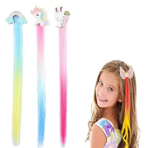 QUILBOOL Kids Colorful Hair Extensions with Tinsel – Clip-On Fake Braids Wig for Girls – Rainbow Hair Styling Accessory Set for Cosplay, Birthday, Wear (Pack Of 3, Multicolor)