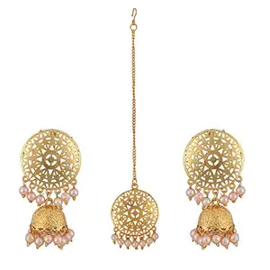Darsha Collections Ethnic Gold Plated Gold Plated Cubic Zirconia Earrings With Maang Tikka Set for Women