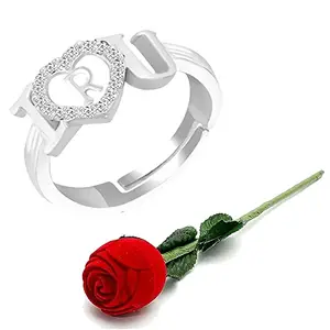 MEENAZ Silver Rings for Women Girls Couple girlfriend Wife lovers Stylish Valentine CZ AD American diamond Adjustable Love Heart Initial Letter R Name Alphabet platinum finger Ring Rose box set-600