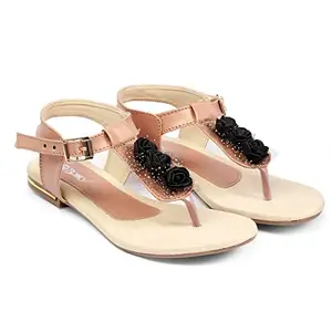 YUVRATO BAXI Faux Leather Material Stylish Flat Sandals for Women's and Girls (Peach, 5)