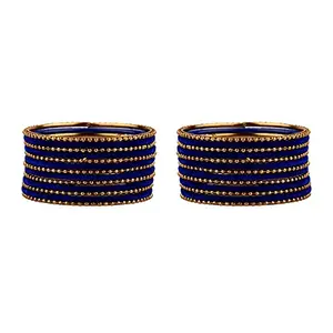T4 Jewels Glossy Finish Golden Beads Studded Designer Velvet Metal Bangles Set for Women & Girls_Blue_2.12