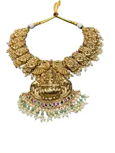 Antique Lakshmi Temple Necklace with Kundan and Pearl Detailing