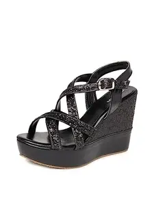 Marc Loire Women's Shimmer Wedges High Heels Fashion Sandals (Black, 6)
