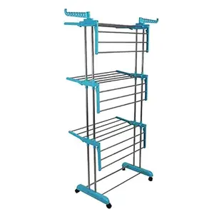 VR SHOPEE Stainless Steel Heavy Duty Double Pole 3 Layer Cloth Drying Stand for Balcony | Cloth Stand | Cloth Dryer Stand(Multi Color)
