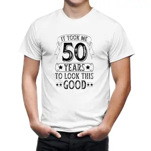 Seek Buy Love 50th Birthday T-Shirt, Funny Milestone Tee, It Took Me 50 Years to Look This Good Shirt, Vintage Style Party Gift, Unisex (Medium, White)
