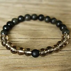 LKBEADS Natural Black Onyx, Smoky Quartz & Gold Obsidian 8mm Round Shape Smooth Cut Beads 7 Inch Stretchable Bracelet for Men & Women.|STBR_RR_01652_7.0