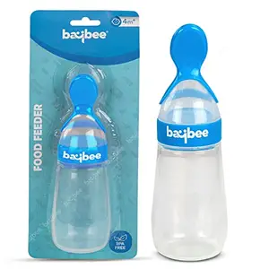 Baybee Silicone Food Feeder, Anti-Colic & BPA Free Squeeze Feeder Bottle with Spoon for Semi-Solid Food for Infants | Baby Squeeze Food Feeder for Baby 3+ Months (Blue)
