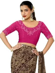 MRSWEARS Women's Regular Fit Readymade Stretchy Elbow Length Embroidered Saree Blouse