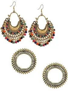 Vembley Pack of 2 Oxidized Golden Multicolor Beads Chandbali and Hoop Earring For Women and Girl
